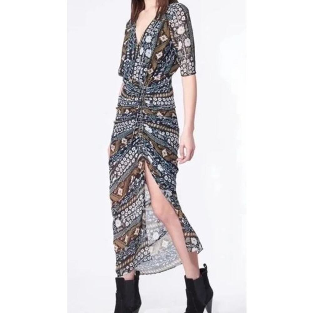 Veronica Beard 6 Perla Short Sleeve Sheath Dress Army Combo Floral Long Slit